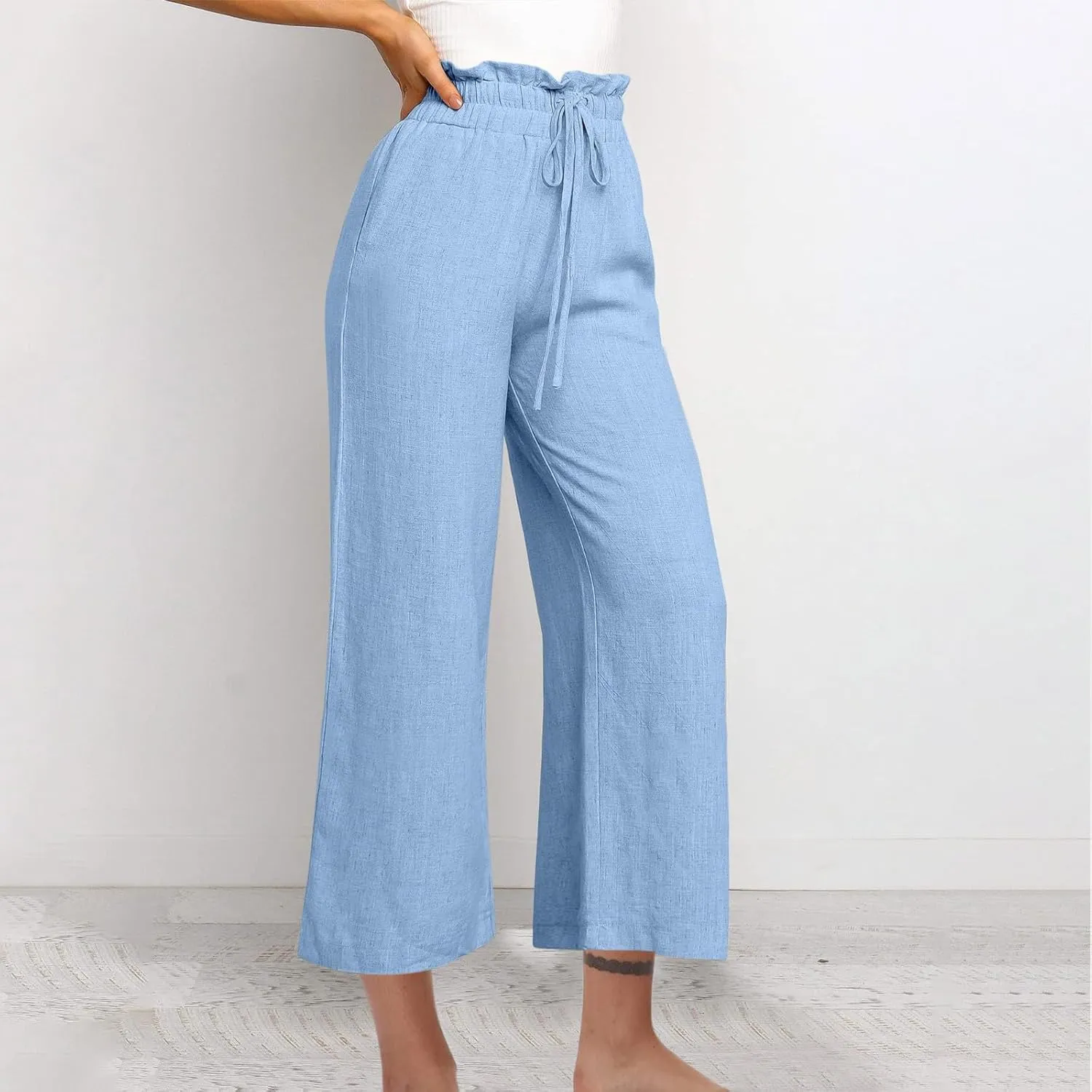 Women Summer Wide Leg Capri Pants Casual Fashion High Waist Solid Cotton Linen Pants Lounge Beach Trousers