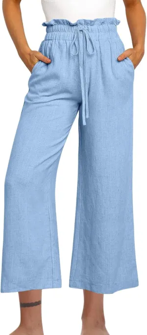 Women Summer Wide Leg Capri Pants Casual Fashion High Waist Solid Cotton Linen Pants Lounge Beach Trousers