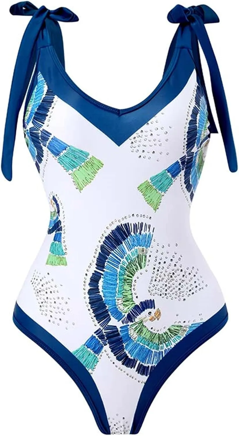 Women Swimwear Two Piece Set Swim Dress Tops Vintage Print Swimsuit Monokini Bikini Set