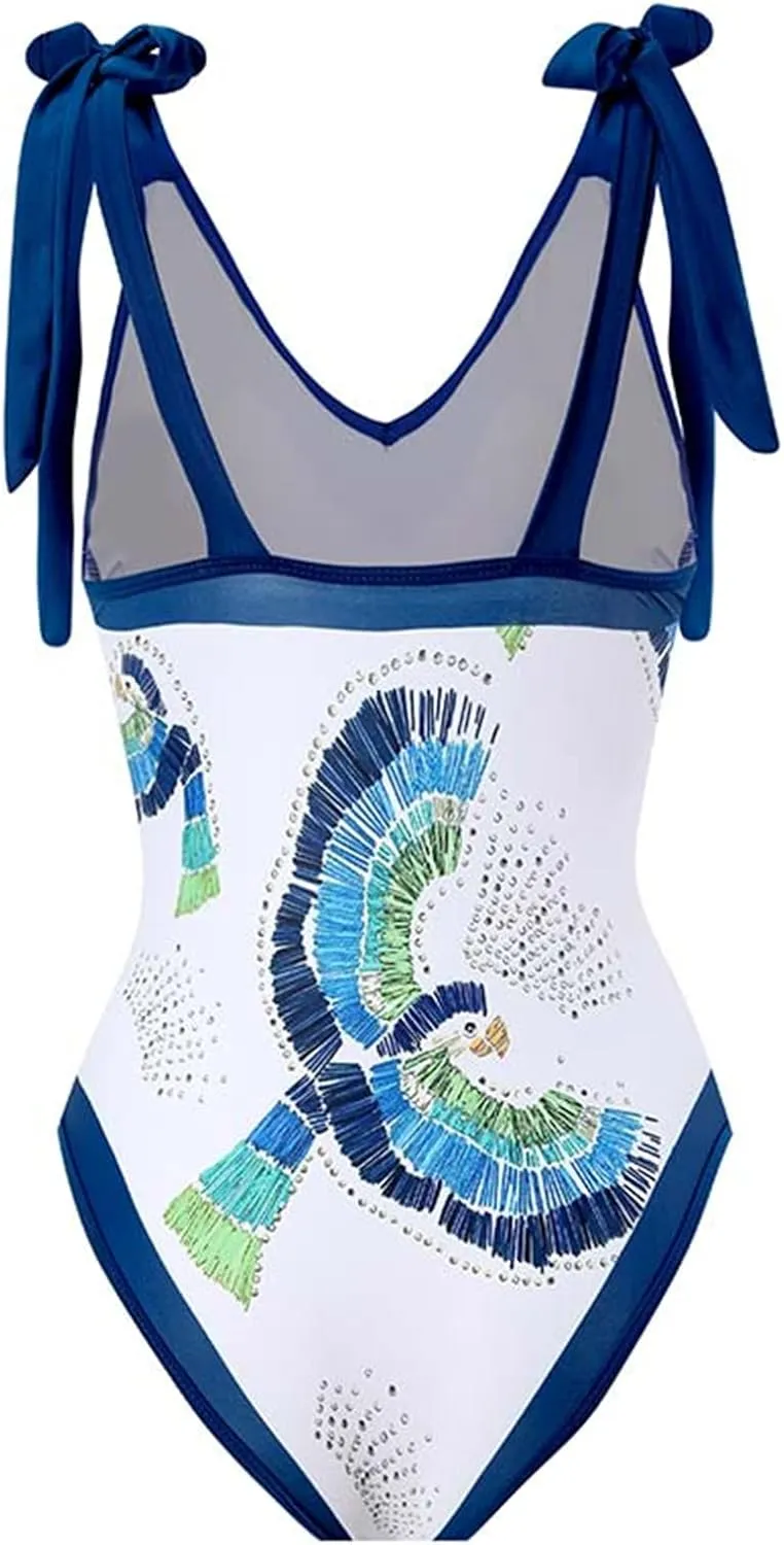 Women Swimwear Two Piece Set Swim Dress Tops Vintage Print Swimsuit Monokini Bikini Set