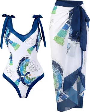 Women Swimwear Two Piece Set Swim Dress Tops Vintage Print Swimsuit Monokini Bikini Set
