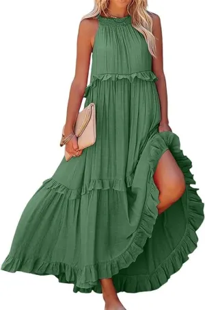Women's 2024 Summer Sleeveless Halter Maxi Maxi Dress Casual Floral Tiered Flowy Long Sundress Boho Beach Dresses