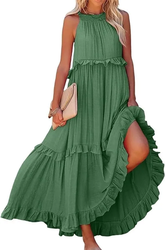 Women's 2024 Summer Sleeveless Halter Maxi Maxi Dress Casual Floral Tiered Flowy Long Sundress Boho Beach Dresses