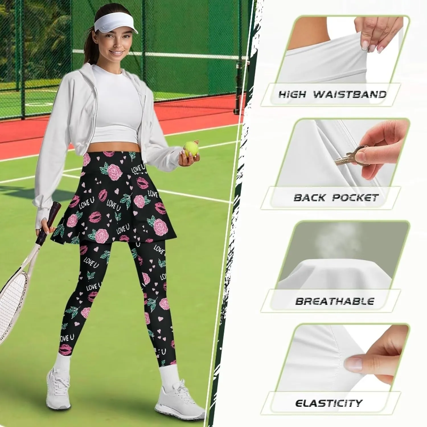 Womens Active Skirted Leggings Ruffle Pleated Tennis Skirts High Waisted Skorts Leggings with Pockets Size XS-3XL