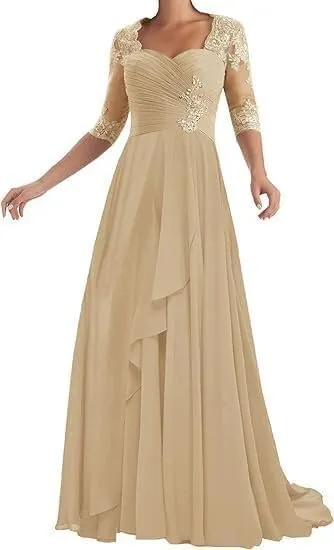 Women's Bridal Mother Wedding Dresses 1/2 Sleeves Ruffle Chiffon Cocktail Party Dresses