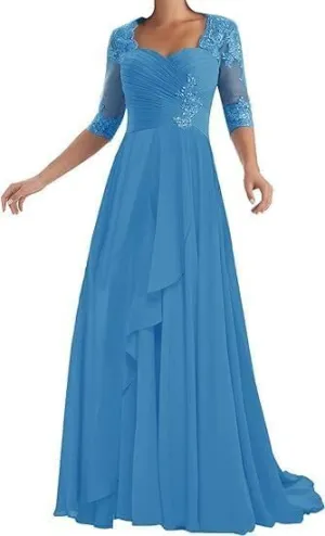 Women's Bridal Mother Wedding Dresses 1/2 Sleeves Ruffle Chiffon Cocktail Party Dresses