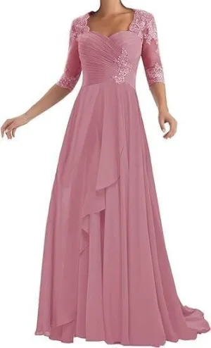 Women's Bridal Mother Wedding Dresses 1/2 Sleeves Ruffle Chiffon Cocktail Party Dresses