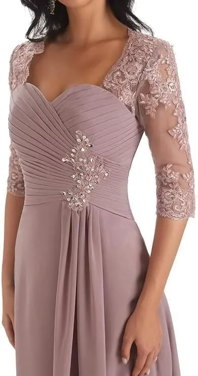 Women's Bridal Mother Wedding Dresses 1/2 Sleeves Ruffle Chiffon Cocktail Party Dresses