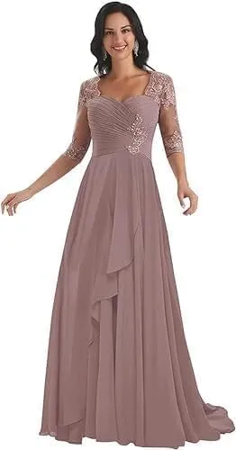 Women's Bridal Mother Wedding Dresses 1/2 Sleeves Ruffle Chiffon Cocktail Party Dresses