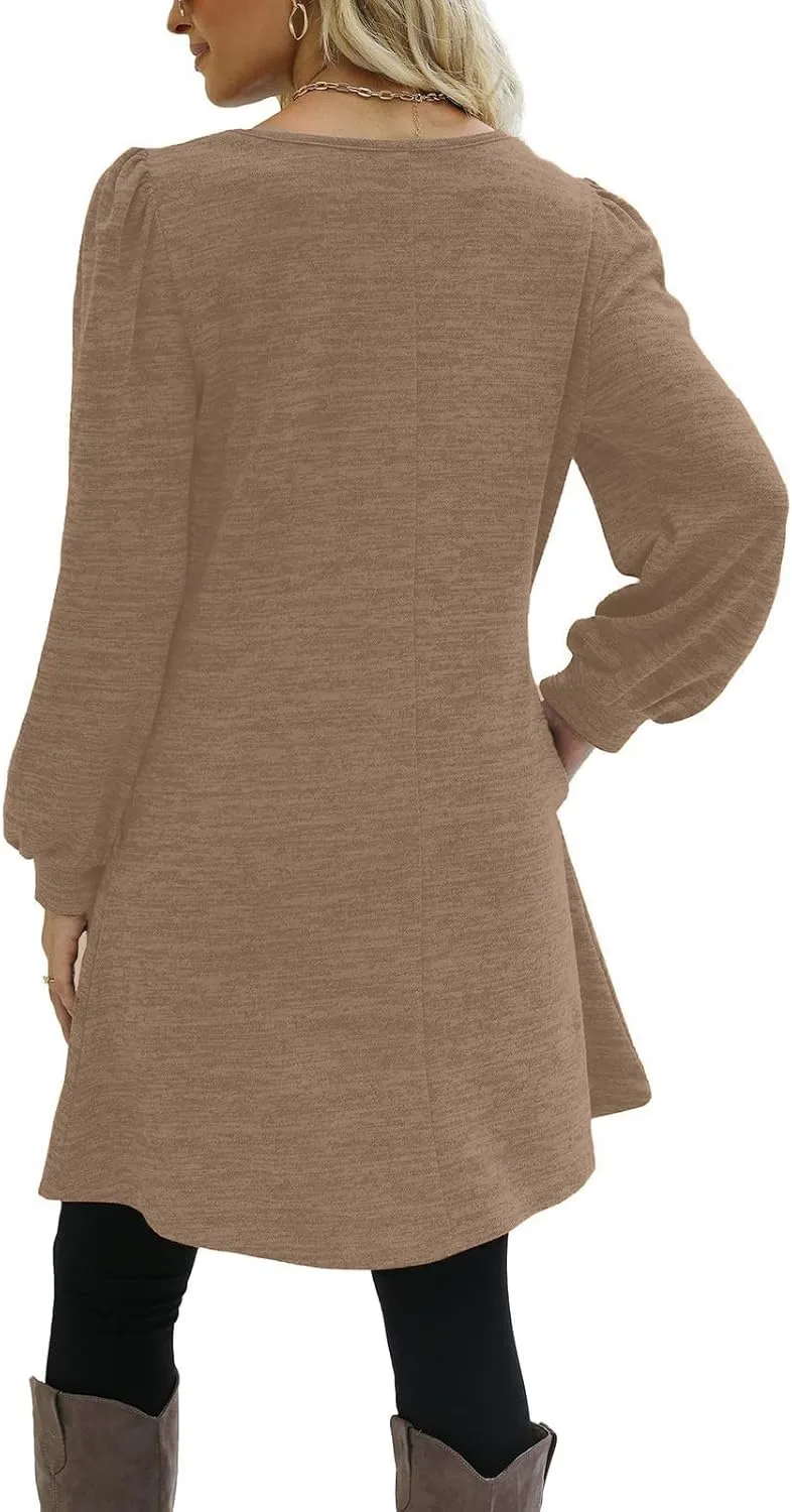 Women's Button Side Long Sleeve Dresses 2024 Fall Fashion Sweater Dresses Casual Crew Neck Pullover Tops with Pockets