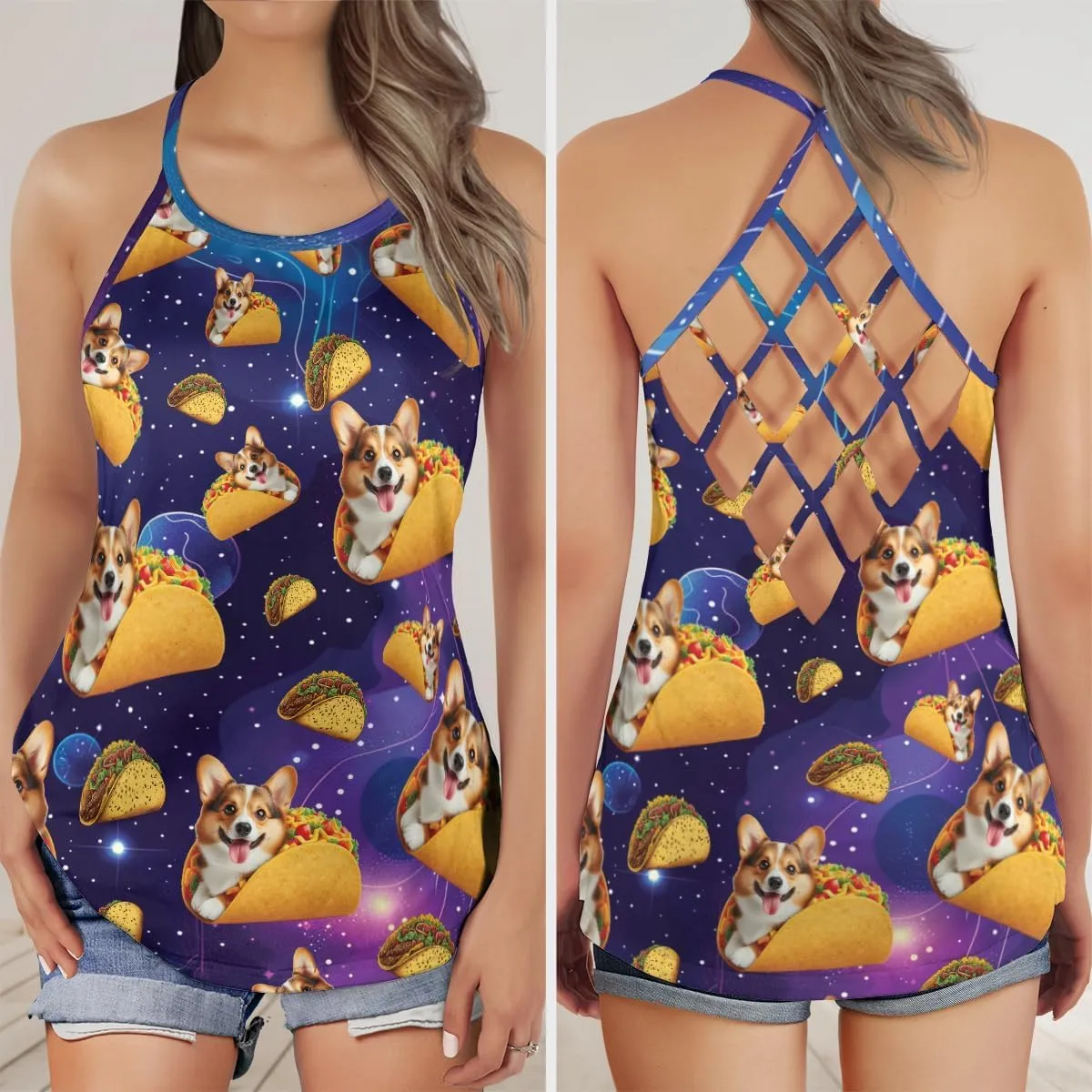 Women's Camisole Tank Tops - Taco Dog Spaghetti Strap Criss Cross Open Back Tank Summer Top for Women Series 16