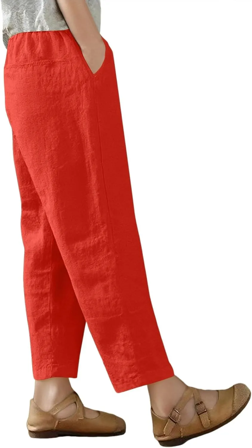 Women's Capri Pants Casual Summer Wide Leg Cotton Linen Pants Elastic Waist Beach Cropped Trouser Capris with Pocket