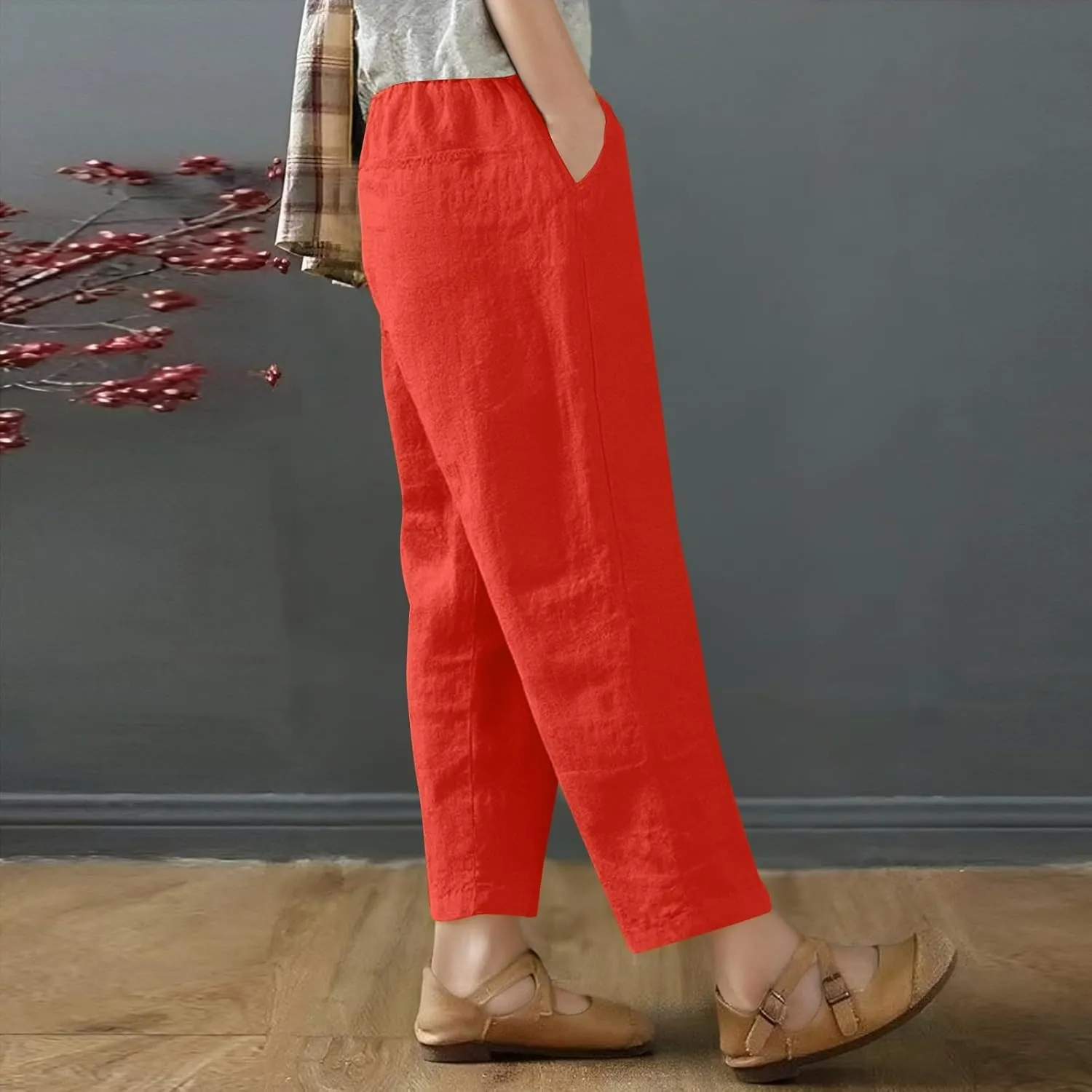 Women's Capri Pants Casual Summer Wide Leg Cotton Linen Pants Elastic Waist Beach Cropped Trouser Capris with Pocket