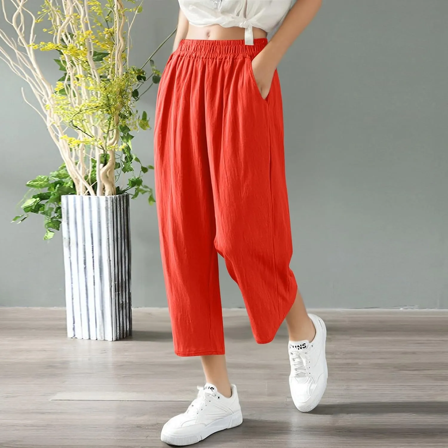 Women's Capri Pants Casual Summer Wide Leg Cotton Linen Pants Elastic Waist Beach Cropped Trouser Capris with Pocket