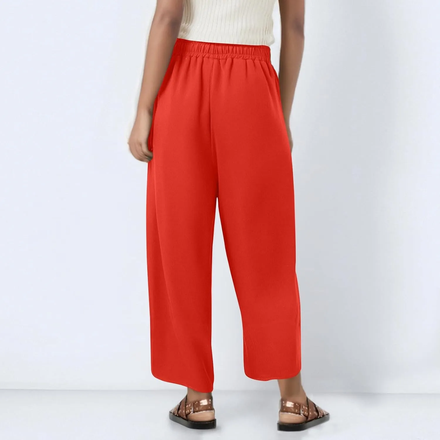 Women's Capri Pants Casual Summer Wide Leg Cotton Linen Pants Elastic Waist Beach Cropped Trouser Capris with Pocket