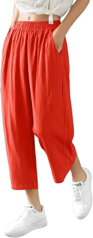 Women's Capri Pants Casual Summer Wide Leg Cotton Linen Pants Elastic Waist Beach Cropped Trouser Capris with Pocket