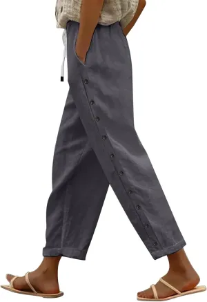 Women's Capris Elastic Cropped Trousers Boho Drawstring Linen Waist Wide-Leg Pants for Travel Beach