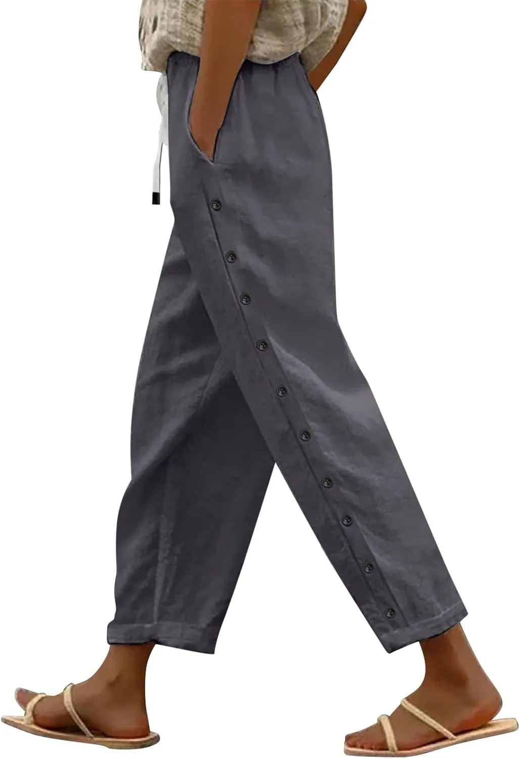 Women's Capris Elastic Cropped Trousers Boho Drawstring Linen Waist Wide-Leg Pants for Travel Beach