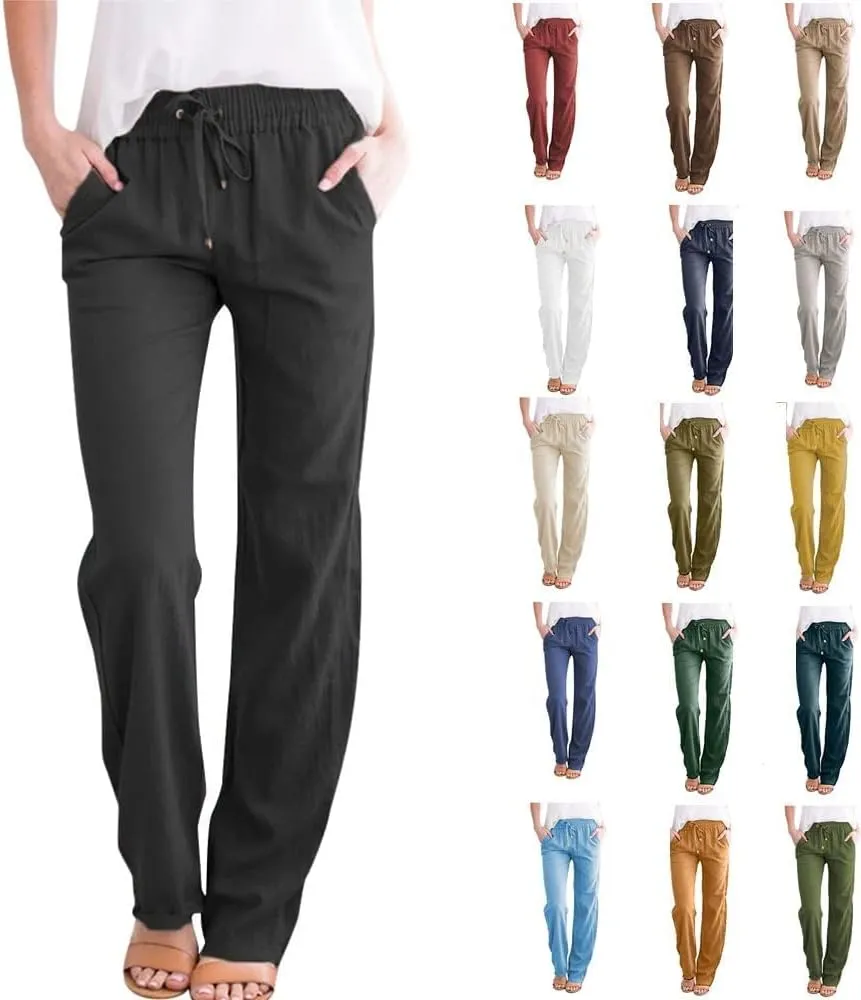 Womens Casual Linen High Waist Pants Straight Leg Drawstring Long Trouser Summer Loose Fit Pants with Pockets