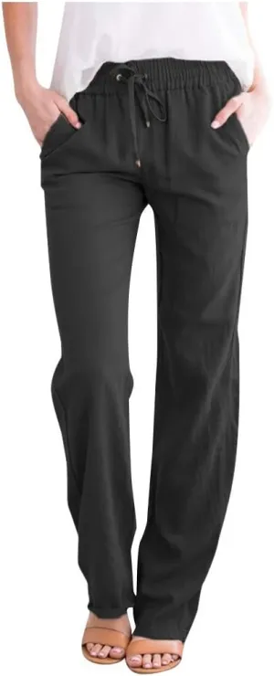 Womens Casual Linen High Waist Pants Straight Leg Drawstring Long Trouser Summer Loose Fit Pants with Pockets