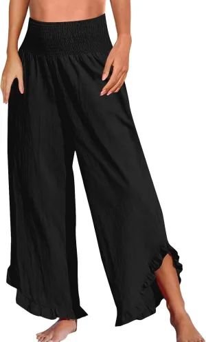 Womens Casual Linen Pants Drawstring Elastic Waist Wide Leg Loose Fit Trousers Beach Vacation Outfits