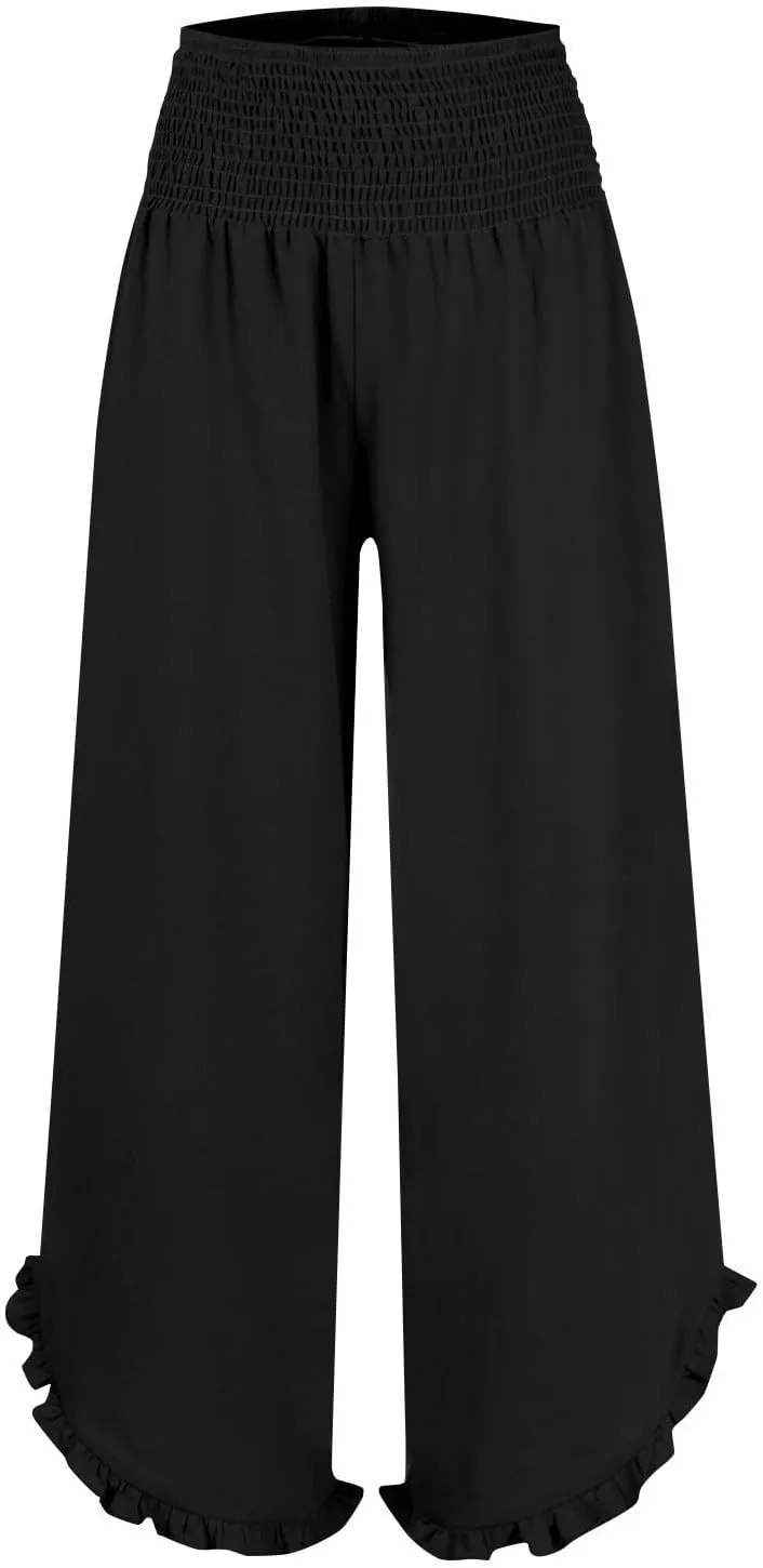 Womens Casual Linen Pants Drawstring Elastic Waist Wide Leg Loose Fit Trousers Beach Vacation Outfits