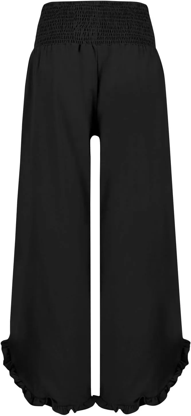 Womens Casual Linen Pants Drawstring Elastic Waist Wide Leg Loose Fit Trousers Beach Vacation Outfits