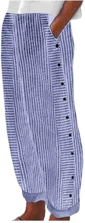 Women's Casual Pants Striped Side Button Elastic Waist Trendy Pants Straight Leg Baggy Trousers with Pocket