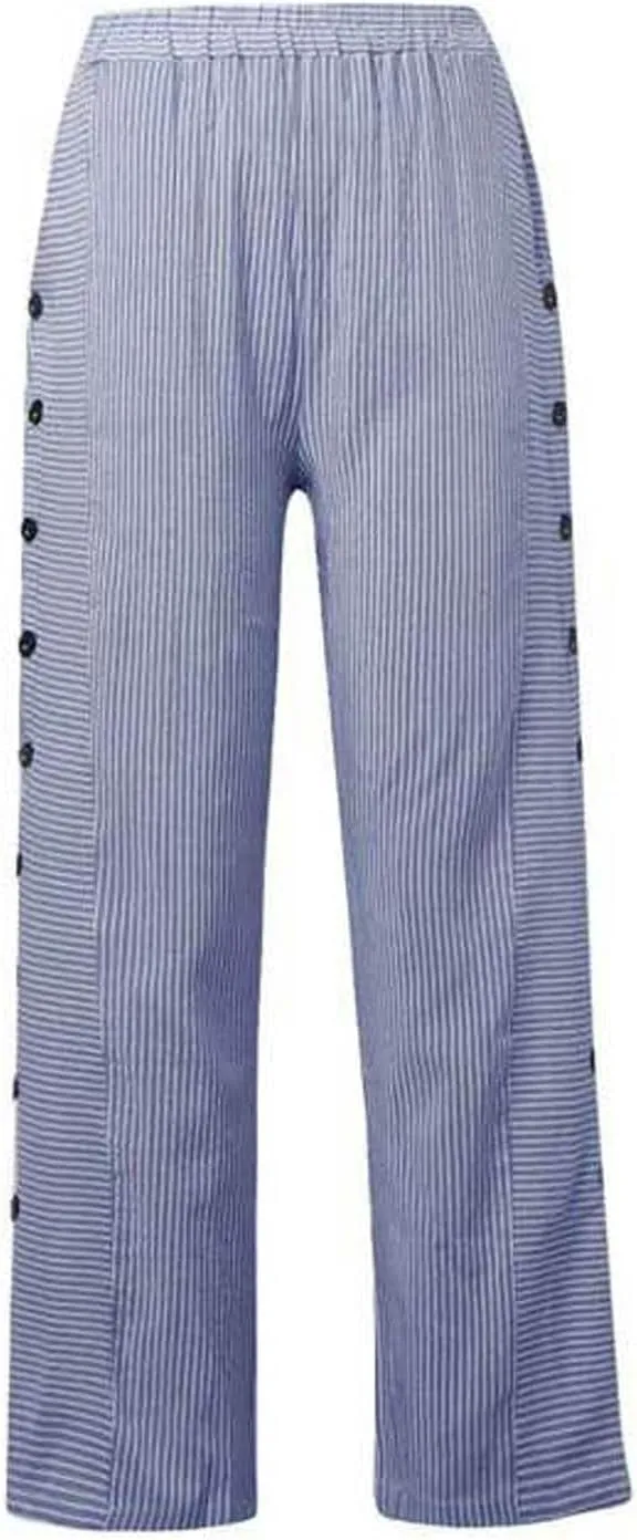 Women's Casual Pants Striped Side Button Elastic Waist Trendy Pants Straight Leg Baggy Trousers with Pocket