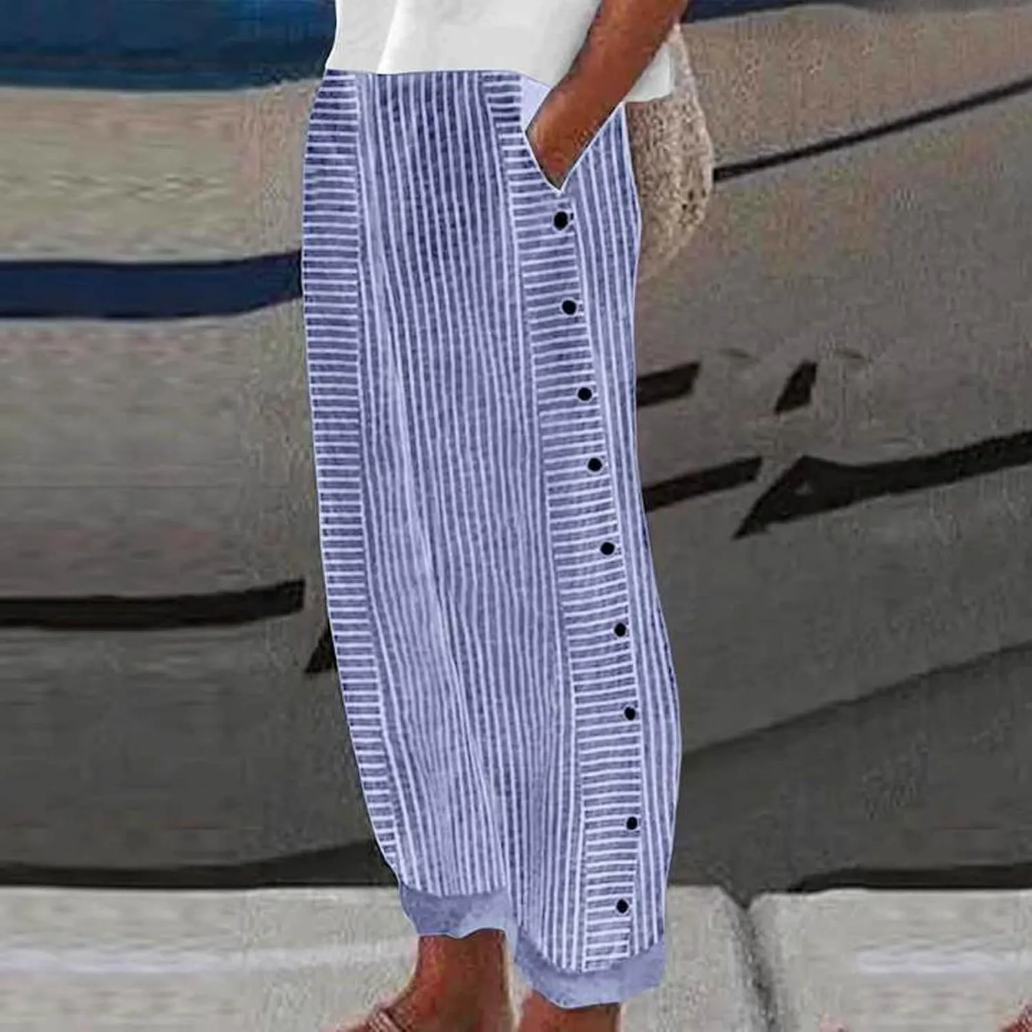 Women's Casual Pants Striped Side Button Elastic Waist Trendy Pants Straight Leg Baggy Trousers with Pocket