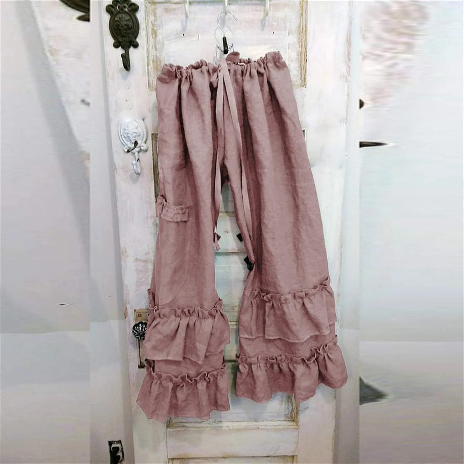 Womens Casual Ruffled Loose Pocket Pants Plus Size Cotton Linen Folds Pants Wide Leg Solid Color Hem Elastic Waisted Trousers