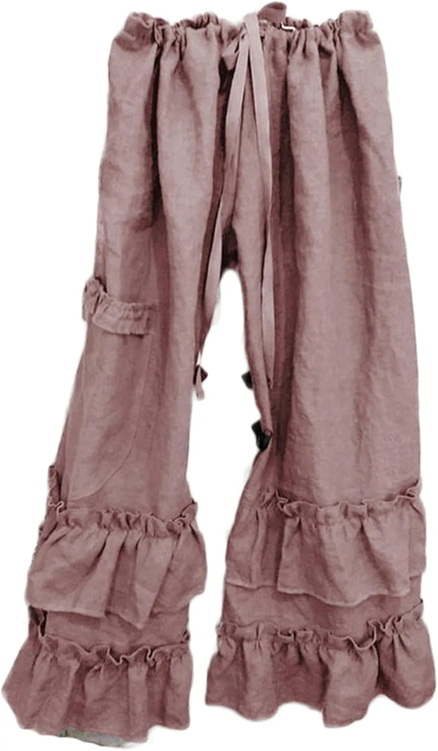 Womens Casual Ruffled Loose Pocket Pants Plus Size Cotton Linen Folds Pants Wide Leg Solid Color Hem Elastic Waisted Trousers