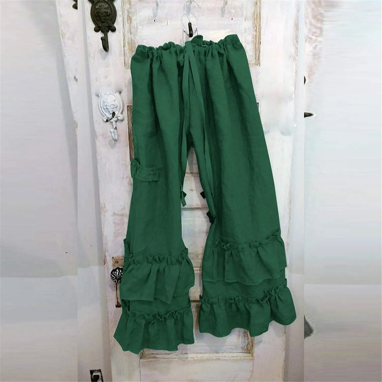 Womens Casual Ruffled Loose Pocket Pants Plus Size Cotton Linen Folds Pants Wide Leg Solid Color Hem Elastic Waisted Trousers