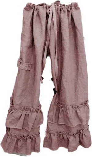 Womens Casual Ruffled Loose Pocket Pants Plus Size Cotton Linen Folds Pants Wide Leg Solid Color Hem Elastic Waisted Trousers