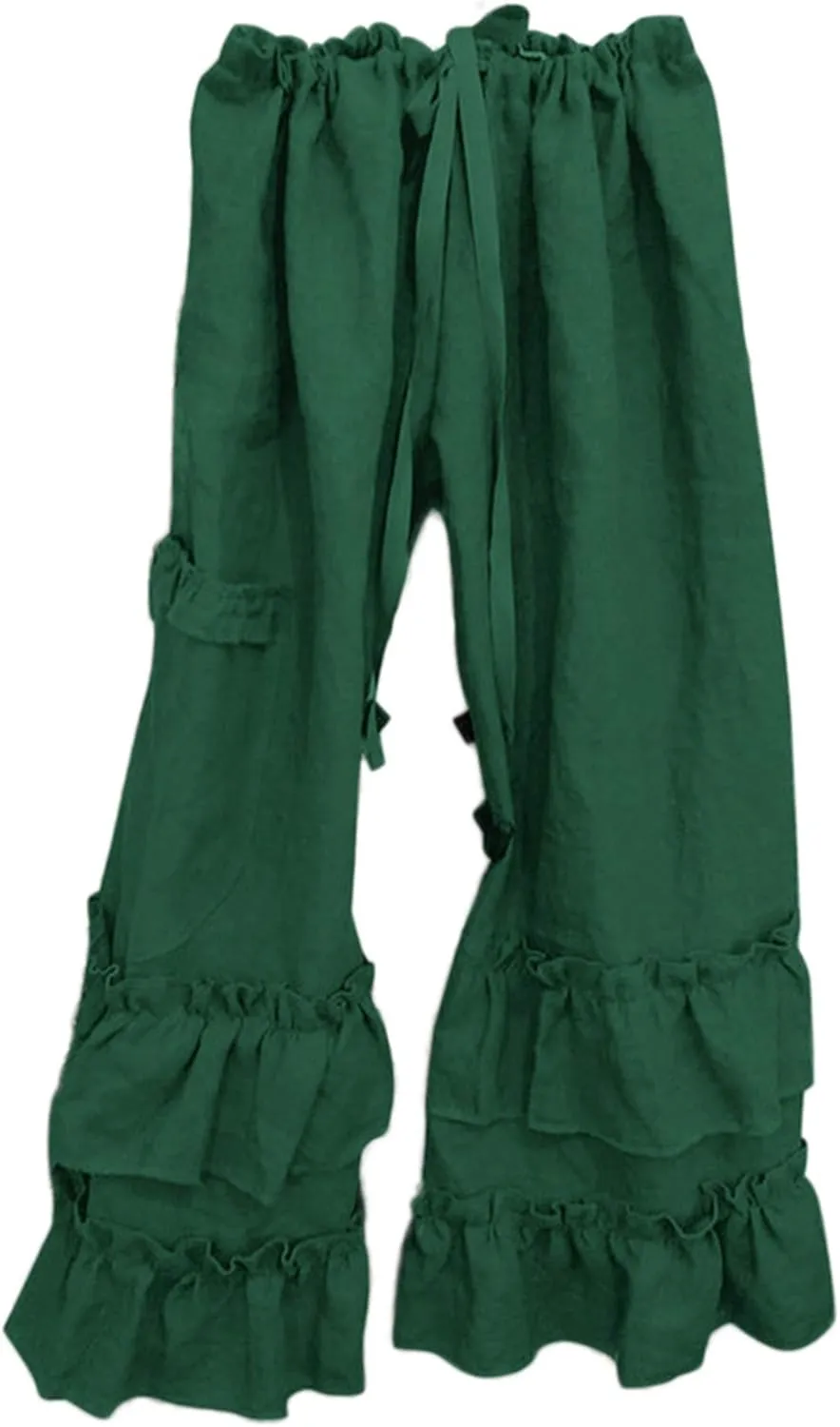 Womens Casual Ruffled Loose Pocket Pants Plus Size Cotton Linen Folds Pants Wide Leg Solid Color Hem Elastic Waisted Trousers