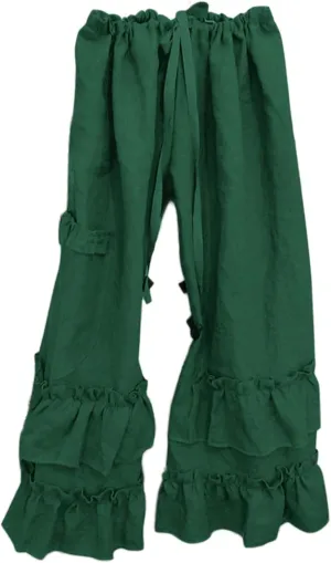 Womens Casual Ruffled Loose Pocket Pants Plus Size Cotton Linen Folds Pants Wide Leg Solid Color Hem Elastic Waisted Trousers