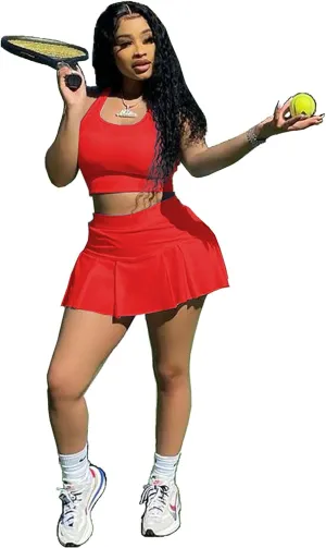 Womens Casual Sports 2 Piece Outfits Skirt Sets Athletic Tank Crop Top Mini Pleated Tennis Golf Skorts Skirts Activewear