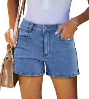 Womens Casual Stretch Denim Jean Shorts with Button Pockets for Summer
