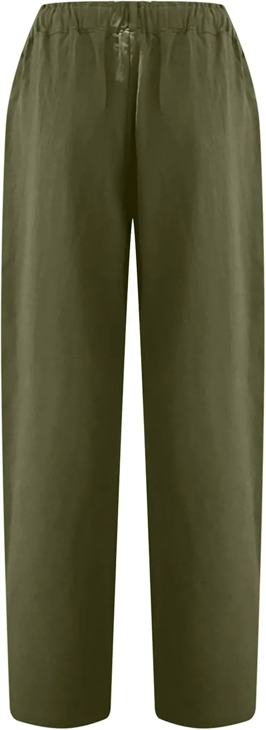 Womens Casual Summer Cotton Linen Pants Elastic Waist Straight Leg Capris Pant Cropped Lounge Trousers with Pockets