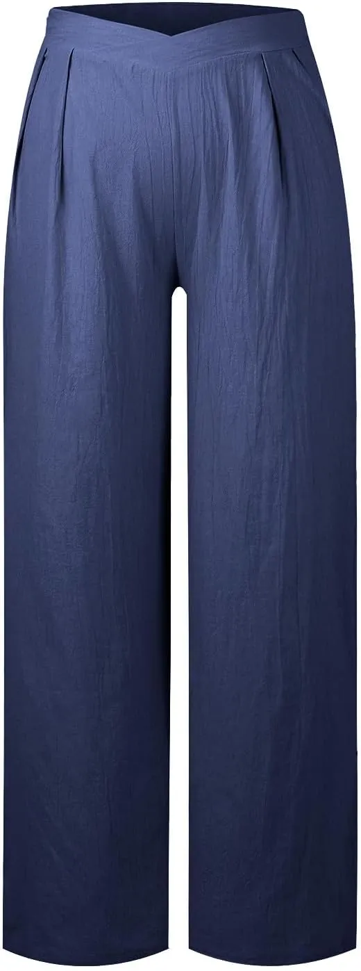 Women's Clothing Trendy Summer Linen Blend Ultra Wide-Leg Pant Long Slacks High Waist Trousers Casual Pants, S-3XL