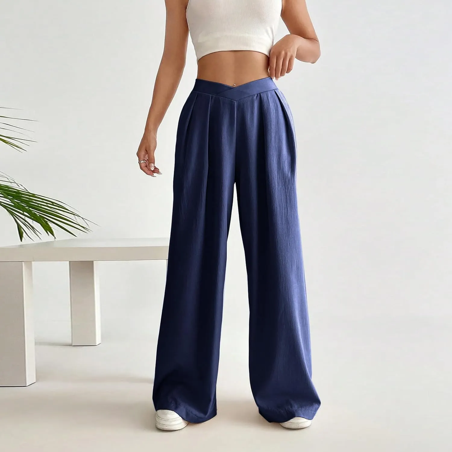 Women's Clothing Trendy Summer Linen Blend Ultra Wide-Leg Pant Long Slacks High Waist Trousers Casual Pants, S-3XL
