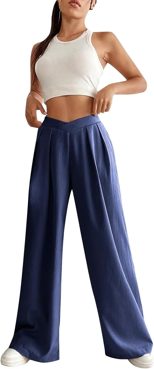 Women's Clothing Trendy Summer Linen Blend Ultra Wide-Leg Pant Long Slacks High Waist Trousers Casual Pants, S-3XL