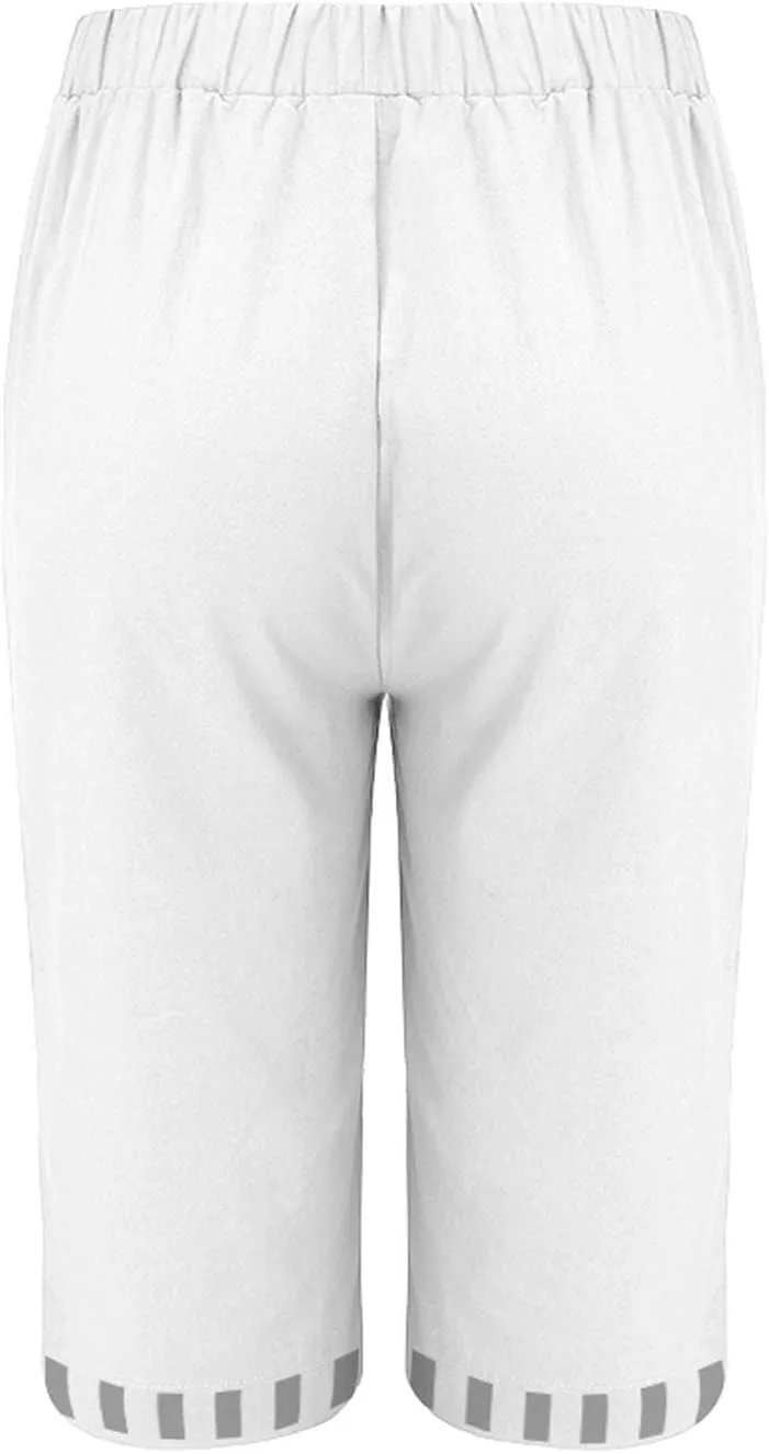 Womens Cotton Linen Capri Pants Summer Elastic Waist Plus Size Casual Pants Wide Leg Lightweight Capris with Pockets