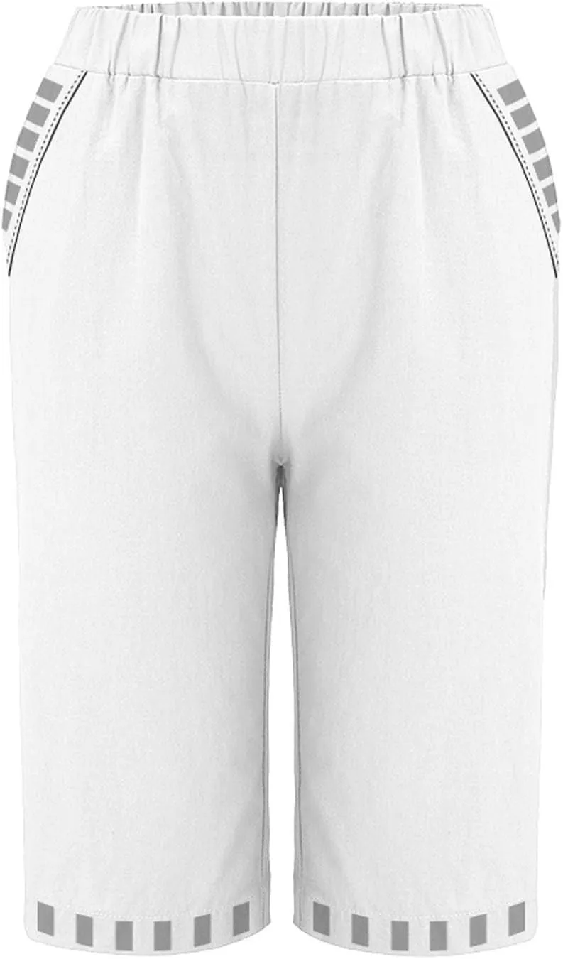 Womens Cotton Linen Capri Pants Summer Elastic Waist Plus Size Casual Pants Wide Leg Lightweight Capris with Pockets