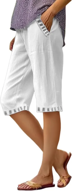 Womens Cotton Linen Capri Pants Summer Elastic Waist Plus Size Casual Pants Wide Leg Lightweight Capris with Pockets