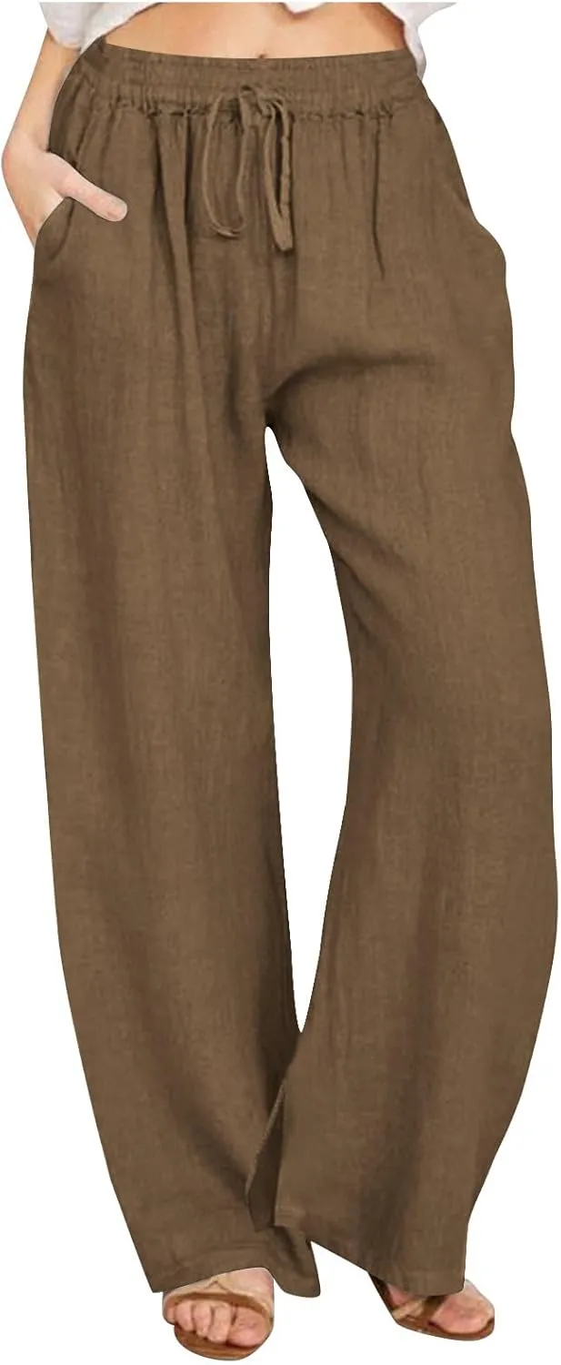 Womens Cotton Linen Palazzo Pants Summer Casual High Waist Trouser Trendy Lounge Pant with Pockets Vacation Outfits