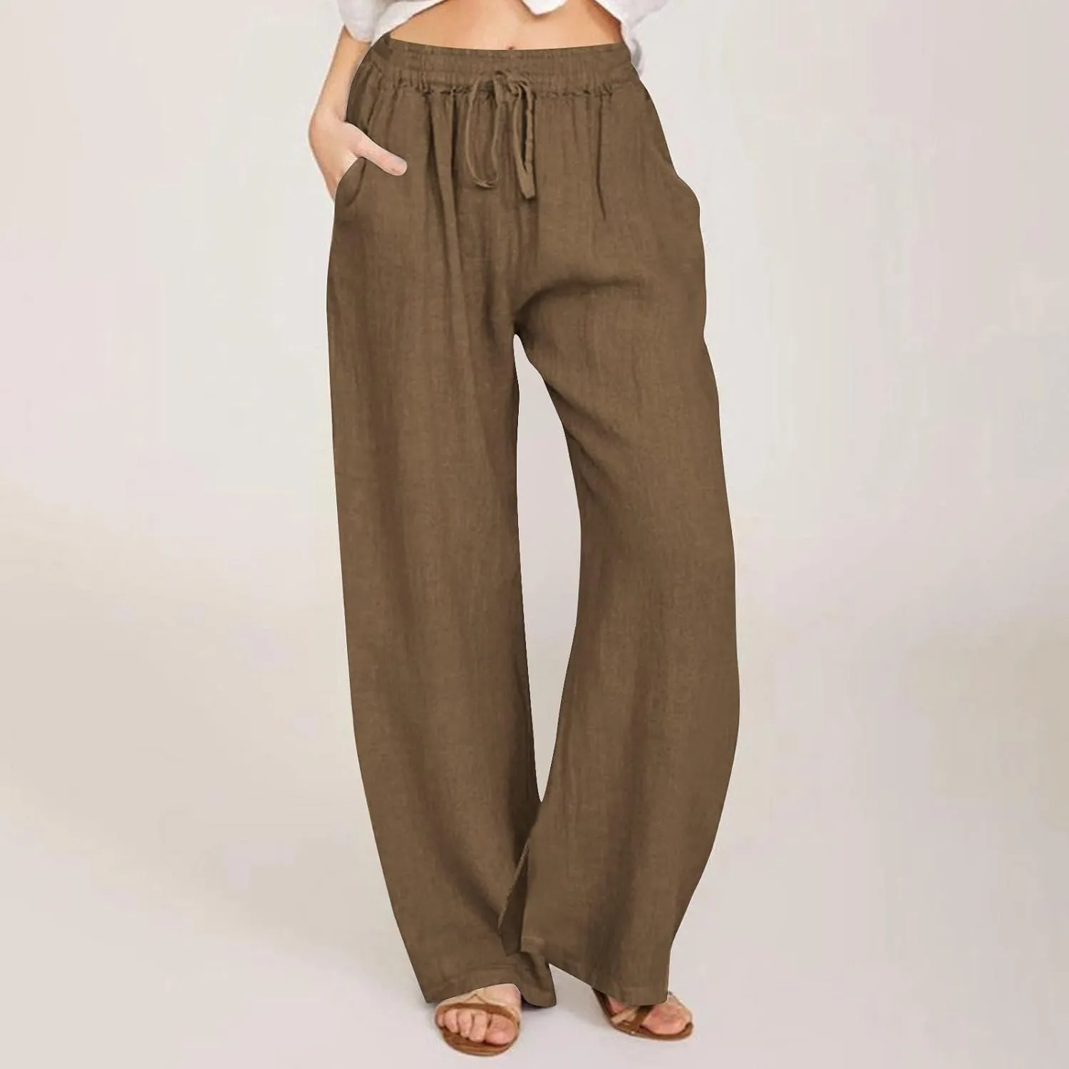 Womens Cotton Linen Palazzo Pants Summer Casual High Waist Trouser Trendy Lounge Pant with Pockets Vacation Outfits