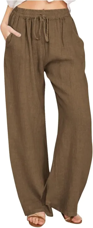 Womens Cotton Linen Palazzo Pants Summer Casual High Waist Trouser Trendy Lounge Pant with Pockets Vacation Outfits