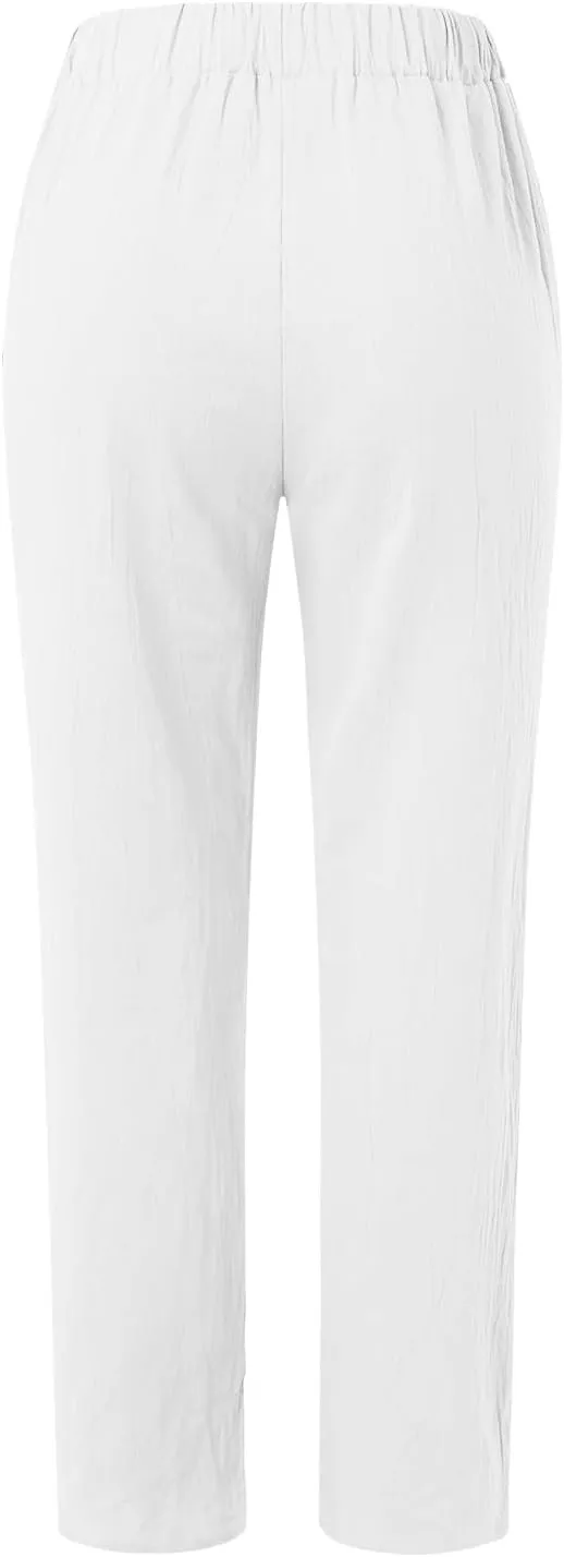 Women's Cotton Linen Pants Fashion Summer Casual Loose Elastic High Waisted Ankle Slacks Comfy Beach Trousers Pockets