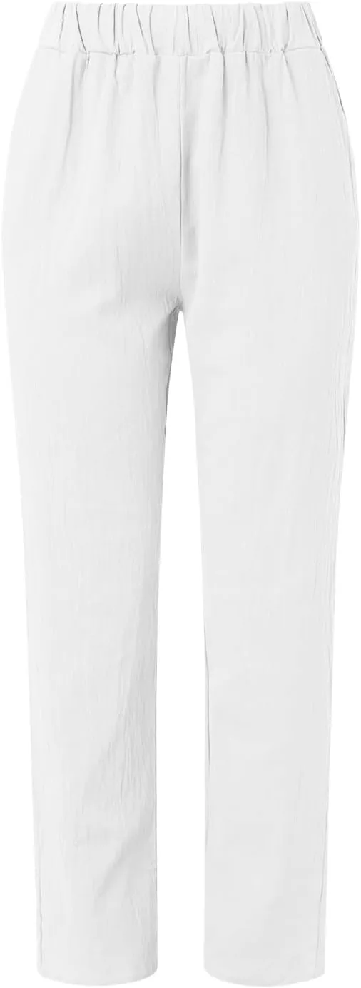 Women's Cotton Linen Pants Fashion Summer Casual Loose Elastic High Waisted Ankle Slacks Comfy Beach Trousers Pockets